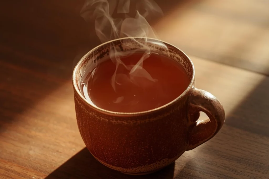 Tasse mit heißem Hojicha-Tee, dampfend und beruhigend