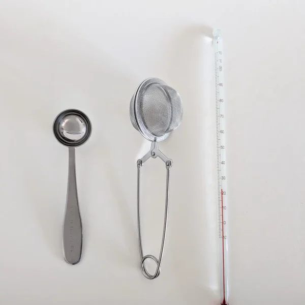 Set di accessori per la preparazione del tè con cucchiaio dosatore, infusore a pinza e termometro per l’acqua di Erinora