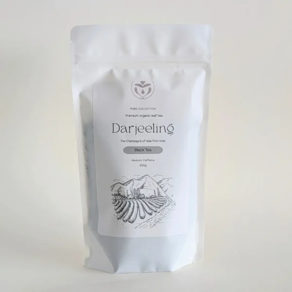 Confezione doypack del tè nero biologico Darjeeling First Flush primo raccolto primaverile d'alta quota di Erinora