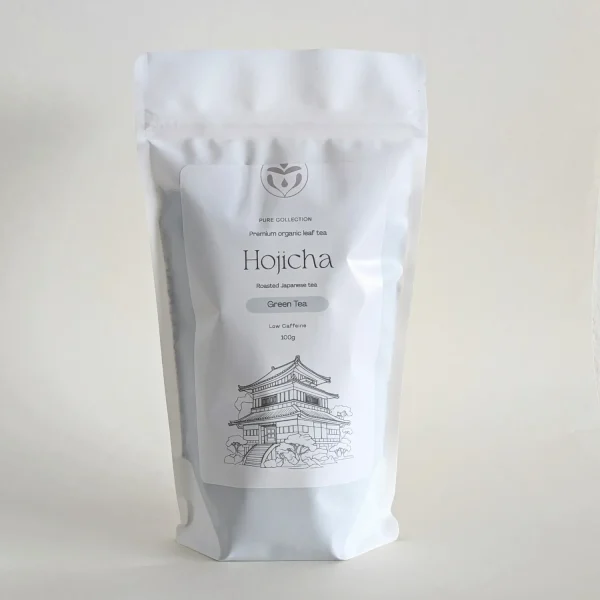 Confezione doypack del tè verde biologico Hojicha tostato senza caffeina di Erinora