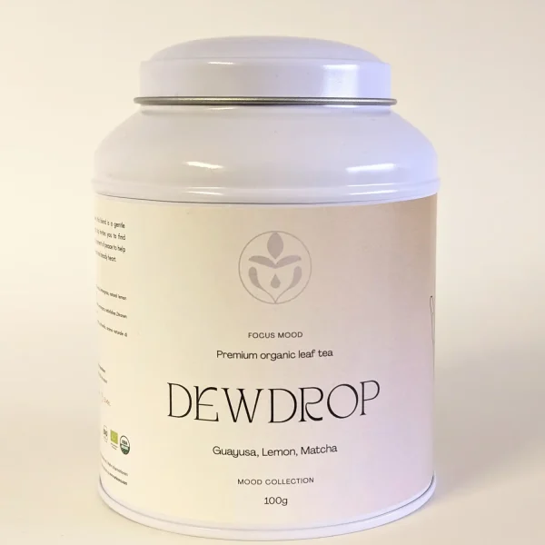 Latta di tè biologico in foglie Dewdrop di Erinora con guayusa e matcha per la concentrazione