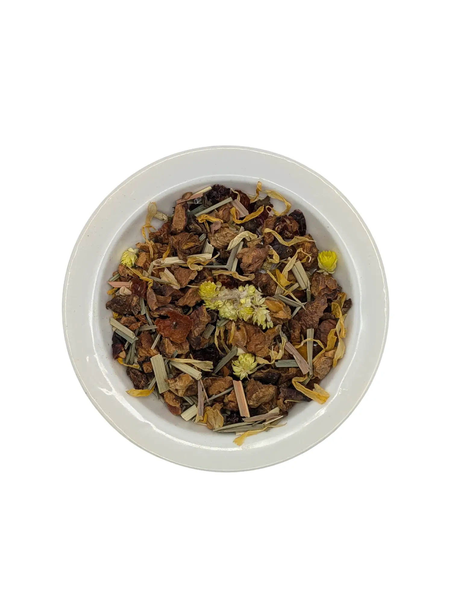 Bowl of Erinora organic loose-leaf relaxing herbal tea Silky Rain