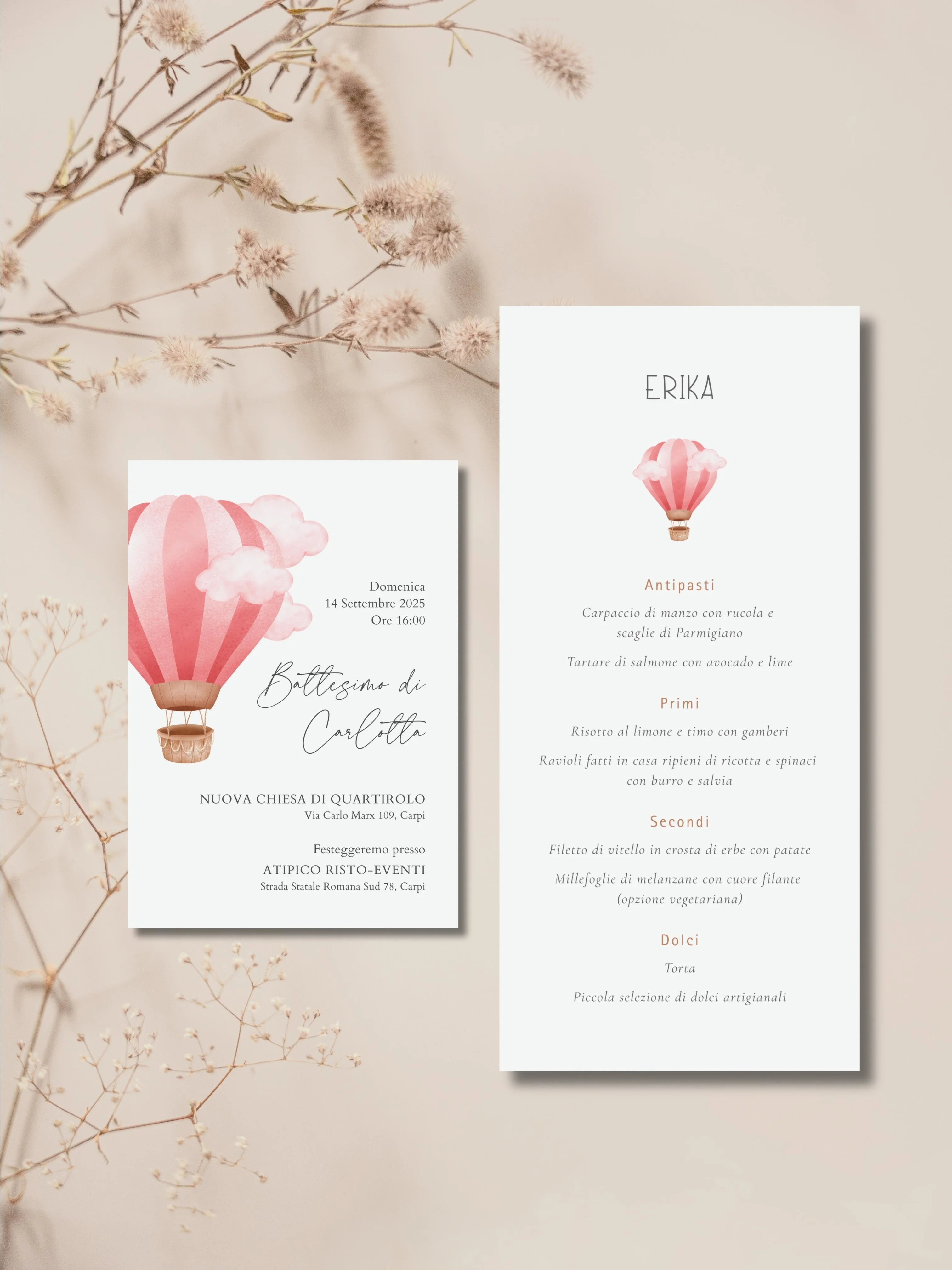 Baptism invitation and menu card set in a soft minimal aesthetic
