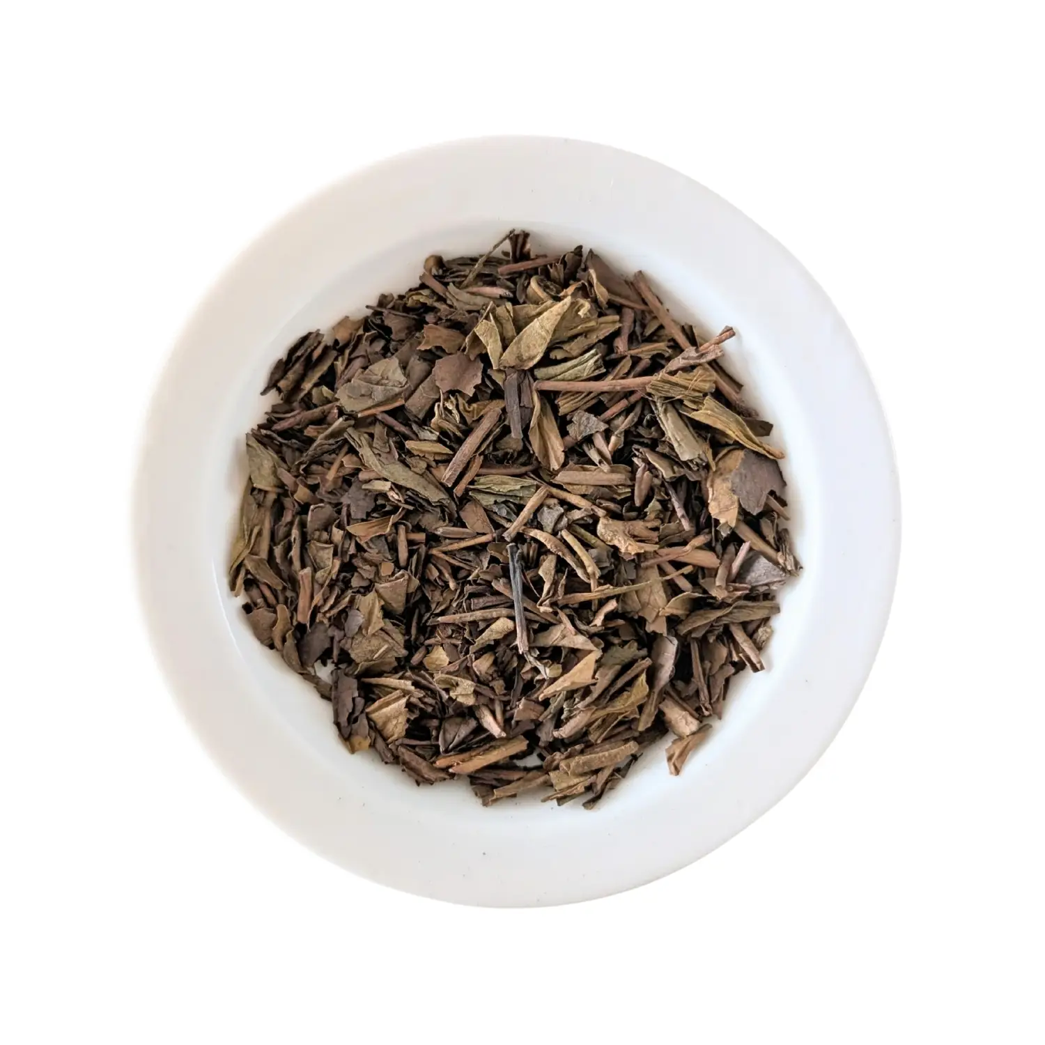 Erinora caffeine-free roasted organic Hojicha green tea leaves in a bowl