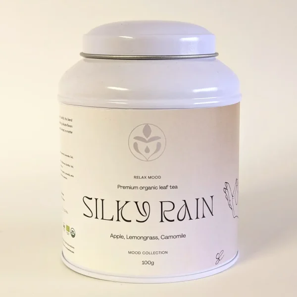 Erinora organic loose-leaf relaxing herbal tea Silky Rain tin